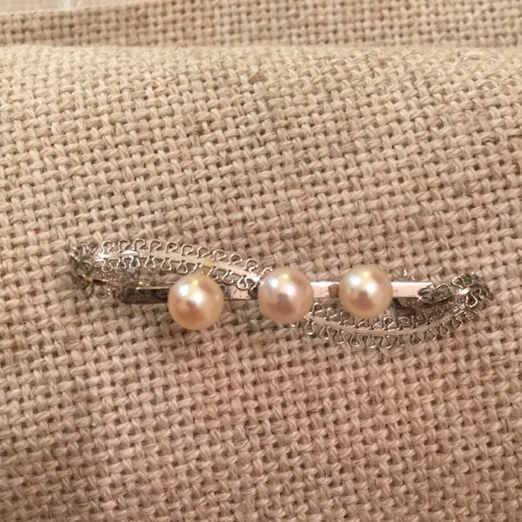 Vintage Real Pearl Pin Filigree Bar Pin Silver-tone - Picture 3 of 16